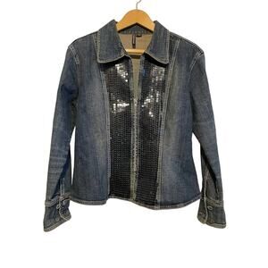 Zenim Denim embellished jean jacket sequins blue zipper collared. Size Med.